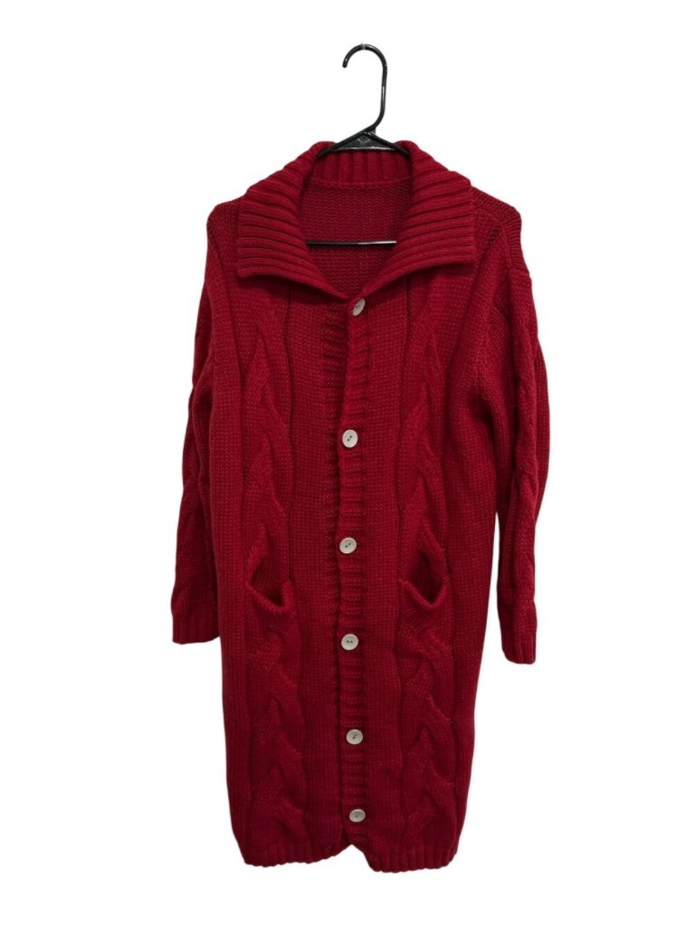 Red Cable Knit XL Button Up Cardigan Sweater Pockets Cozycore Grandmacore